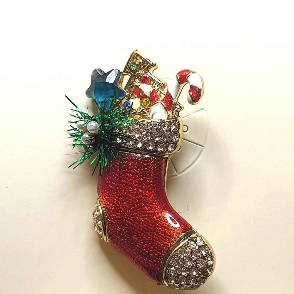 NWT Napier Christmas Stocking Brooch Red Enamel Rhinestones Holiday Pin